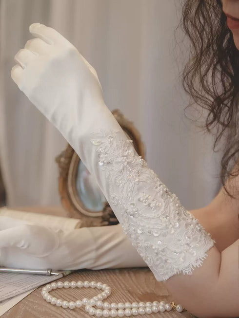 Embroidered Satin Bridal Gloves – Long White Wedding Gloves with Lace Detail